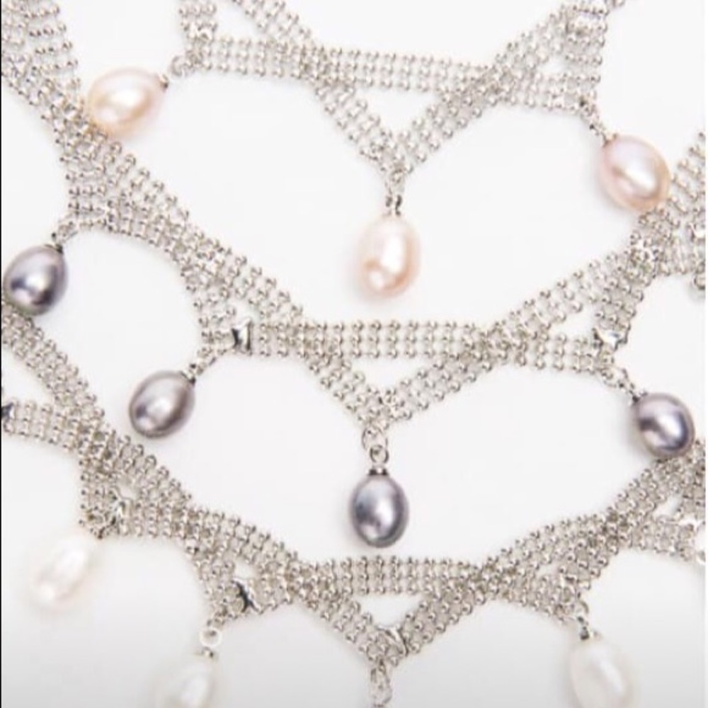 Genuine White Pearl Silver Mesh Princess Necklace